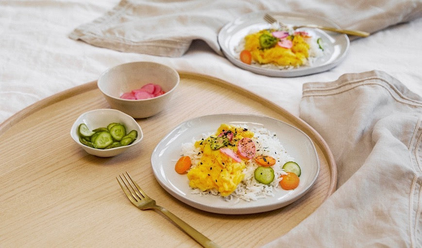 Breakfast in Bed, Soft Scrambled Eggs and Rice Bowl with “Quickled” Veggies