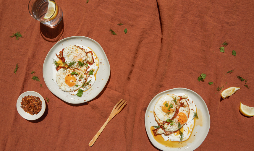 Breakfast in Bed, Fried Eggs with Yogurt and Chili Garlic Oil