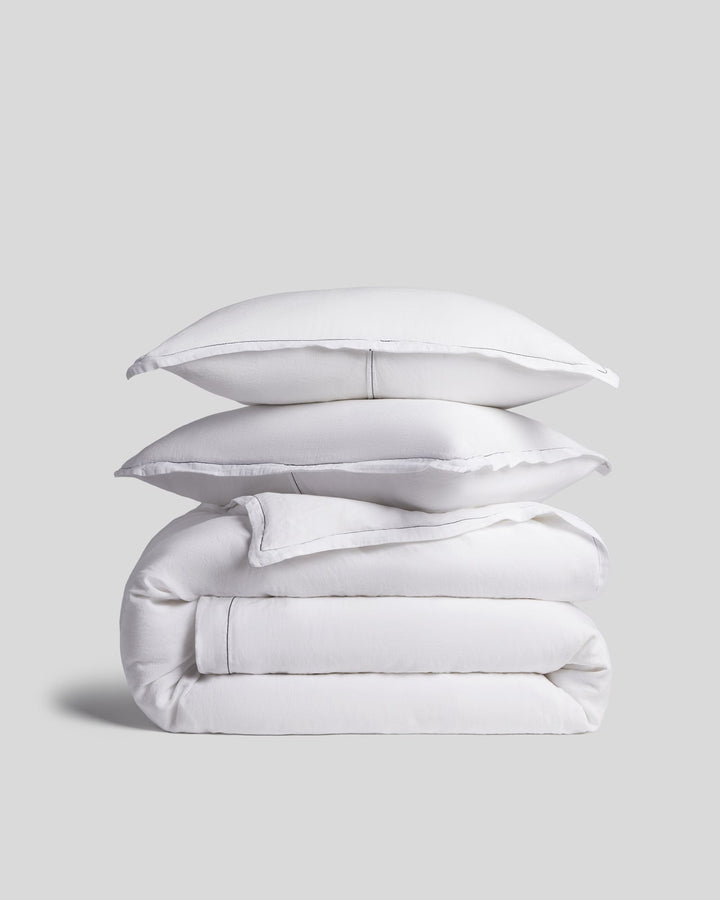 Linen Tencel Duvet Cover Set - White with Black F/Q